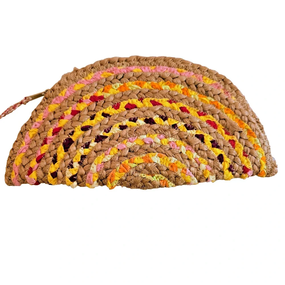 Anthropologie ANTIK KRAFT Chindi Moon Multi Woven Straw Clutch Bag Tassels